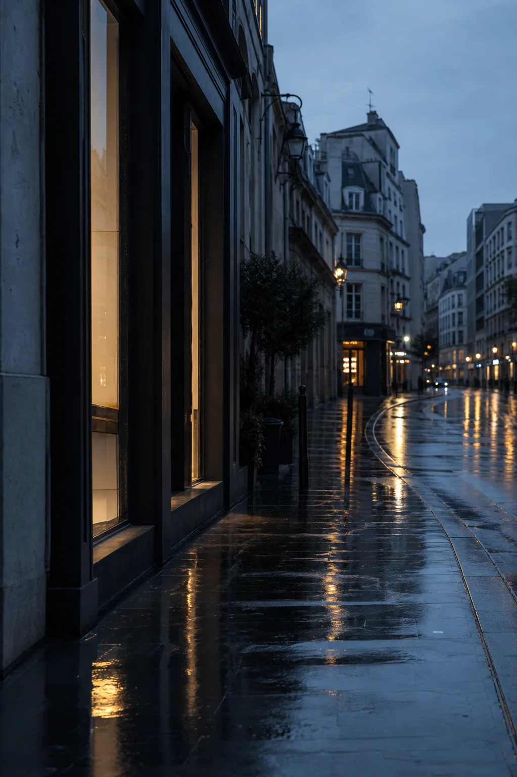 Wet city street reflecting soft evening storefront light after rainfall.
